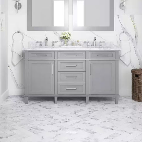 Sonoma 60 In. Double Sink Freestanding Pebble Gray Bath Vanity with Carrara Marble Top (Assembled)
