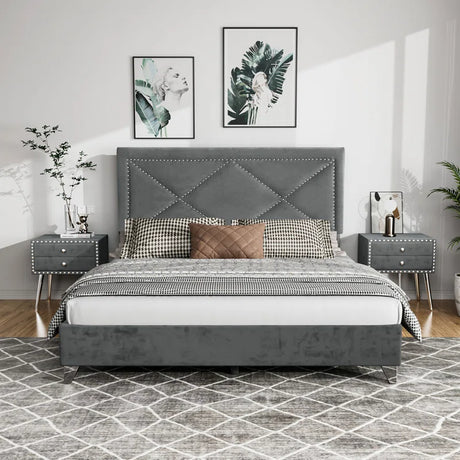 Upholstered 3 Piece Bedroom Set Platform Bed and Two Nightstand with Nailhead Trim