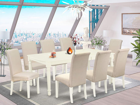 Dover 9 Piece Modern Set Includes a Rectangle Wooden Table with Butterfly Leaf and 8 Cream Fabric Parsons Dining Chairs, 42X78 Inch, Linen White