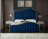 Jolie Collection Modern | Contemporary Velvet Upholstered Bed with Channel Tufting, and Polished Gold Metal Frame, Navy, Queen