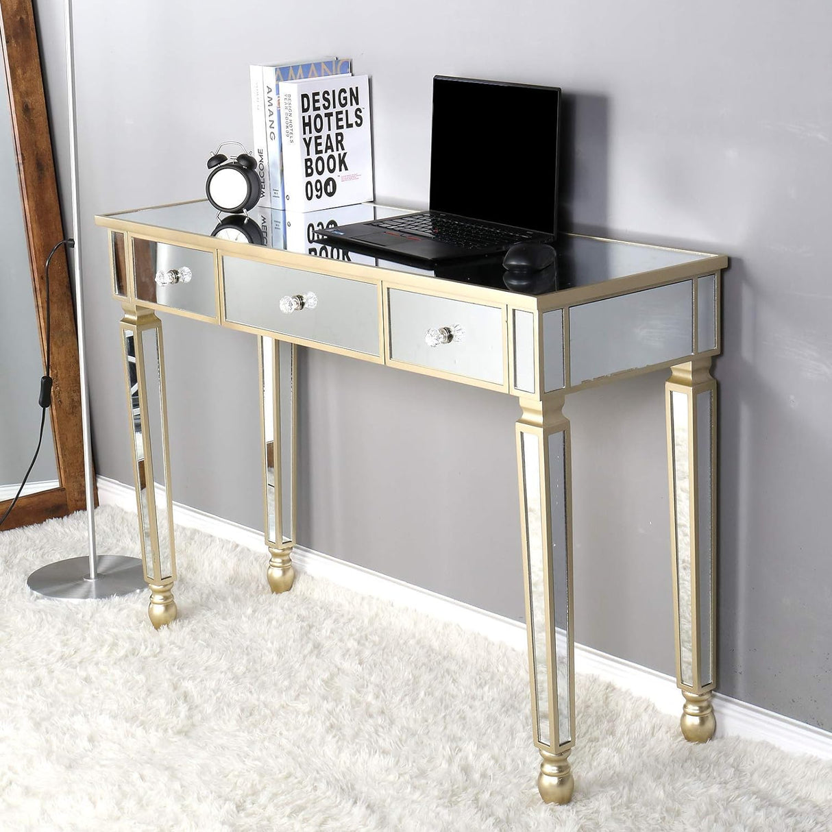 Mirrored Console Table,Mirrored Makeup Vanity Table Desk, 3 Drawer Media Console Table for Women Home Office Writing Desk Smooth Finish with Crystal-Style Knobs (Champagne Gold)