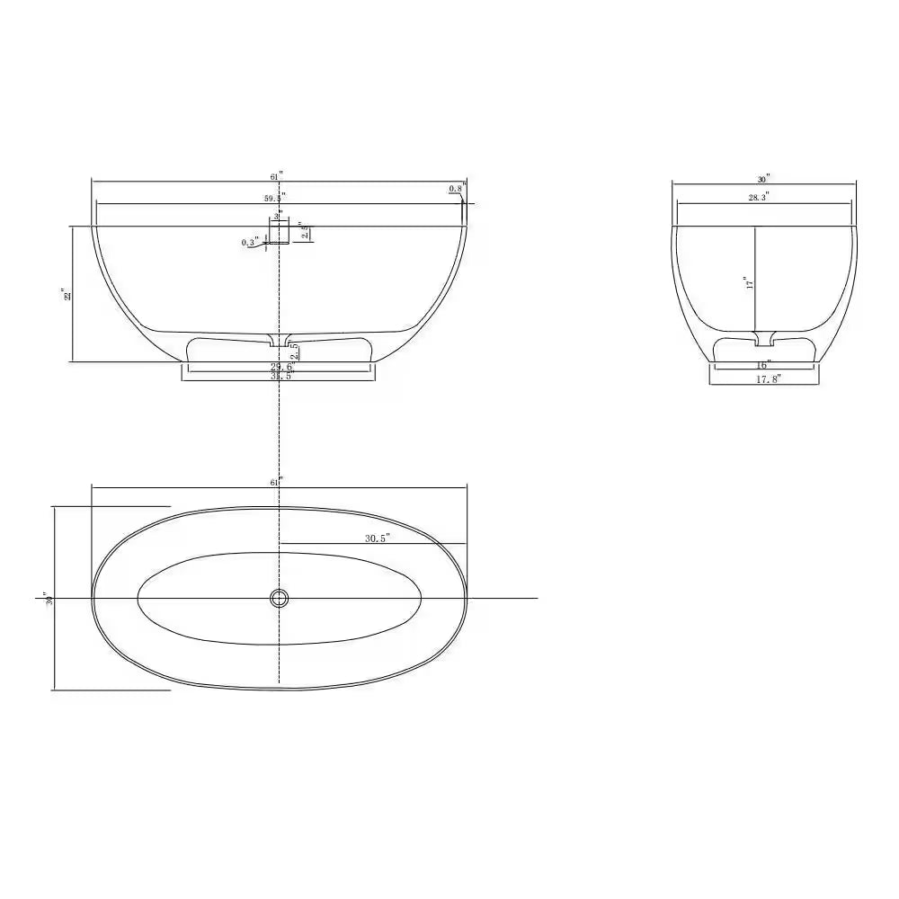 61 In. Stone Resin Solid Surface Matte Flatbottom Freestanding Bathtub in White