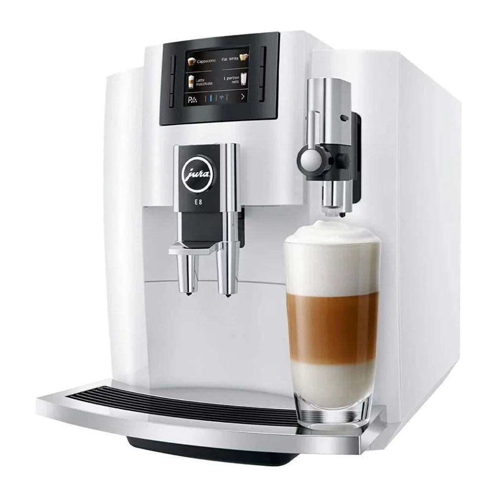 Jura E8 Automatic Espresso Machine (Piano White) with Glass Milk Container