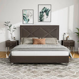 Upholstered 3 Piece Bedroom Set Platform Bed and Two Nightstand with Nailhead Trim