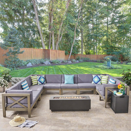 Lorelei Outdoor Acacia Wood 10 Seater U-Shaped Sectional Sofa Set with Fire Pit, Gray and Dark Gray