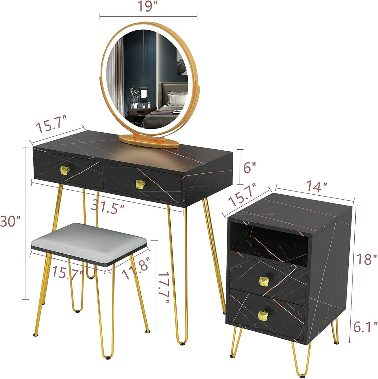 Makeup Vanity with Lights and Stool Dressing Table with Drawers Vanity Desk with Lighted Mirror and Chair Women Dresser for Bedroom (Black), Hg3706-List