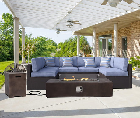 8-Piece Outdoor Patio Furniture Set, All-Weather Wicker Sectional Sofa, Royal Blue Cushions W 56 X 28-Inch Rectangle Bronze Concrete Fire Table (50,000 BTU), Tank Cover, Glass Wind Guard