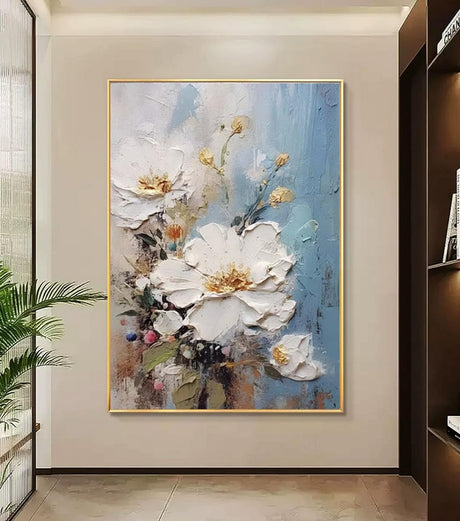 3D Textured Flower Framed Wall Art for Living Room,Hand-Painted White Floral Oil Painting on Canvas for Office,Large Canvas Pictures Modern Artwork for Bedroom Office Home Decor 28X40 Inches