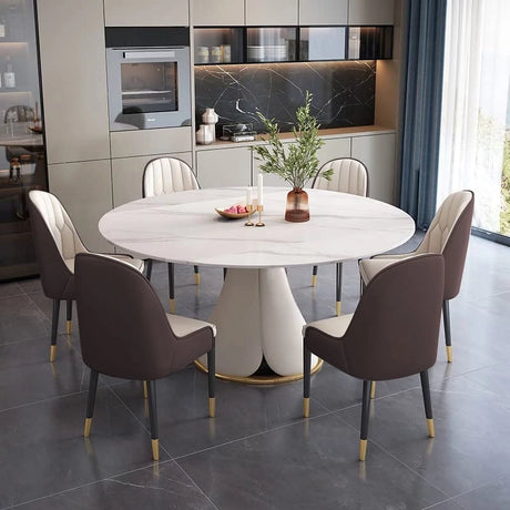 53” Leavader White Sintered Stone round Dining Table Set with Stainless Steel Base with 6 Brown Dining Chairs
