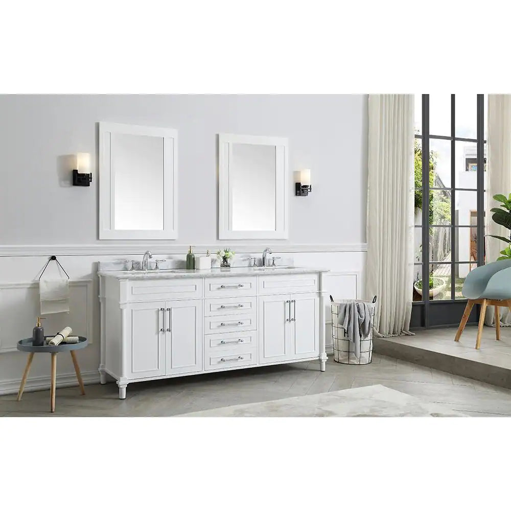Aberdeen 72 In. Double Sink Freestanding White Bath Vanity with Carrara Marble Top (Assembled)