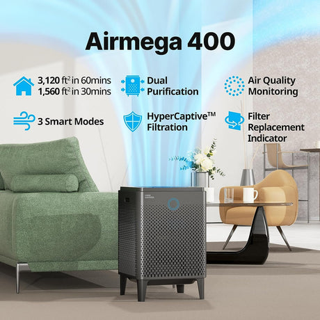 Airmega 400(G) Smart Air Purifier True HEPA Air Purifier with Smart Technology, Covers 1,560 Sq. Ft., Graphite