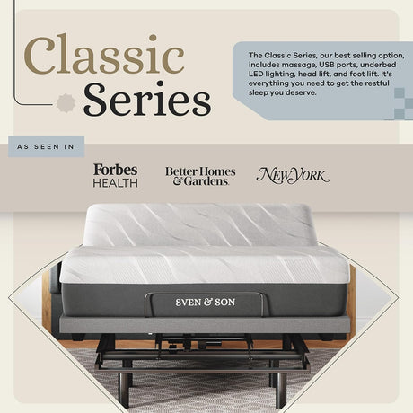 Classic Adjustable Bed Base Frame + 12 Inch Memory Foam Matt Medium, Head and Foot Lift, Massage, Under-Bed Lights, USB, Memory Positions, Zero Gravity, Wireless Remote - Queen