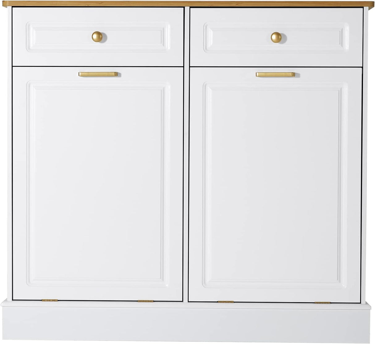 Double Kitchen Trash Cabinets,Two Tilt Out Trash Cabinets with Solid Hideaway Drawers,Free Standing Wooden Kitchen Trash Can Recycling Cabinet Trash Can Holder (White)
