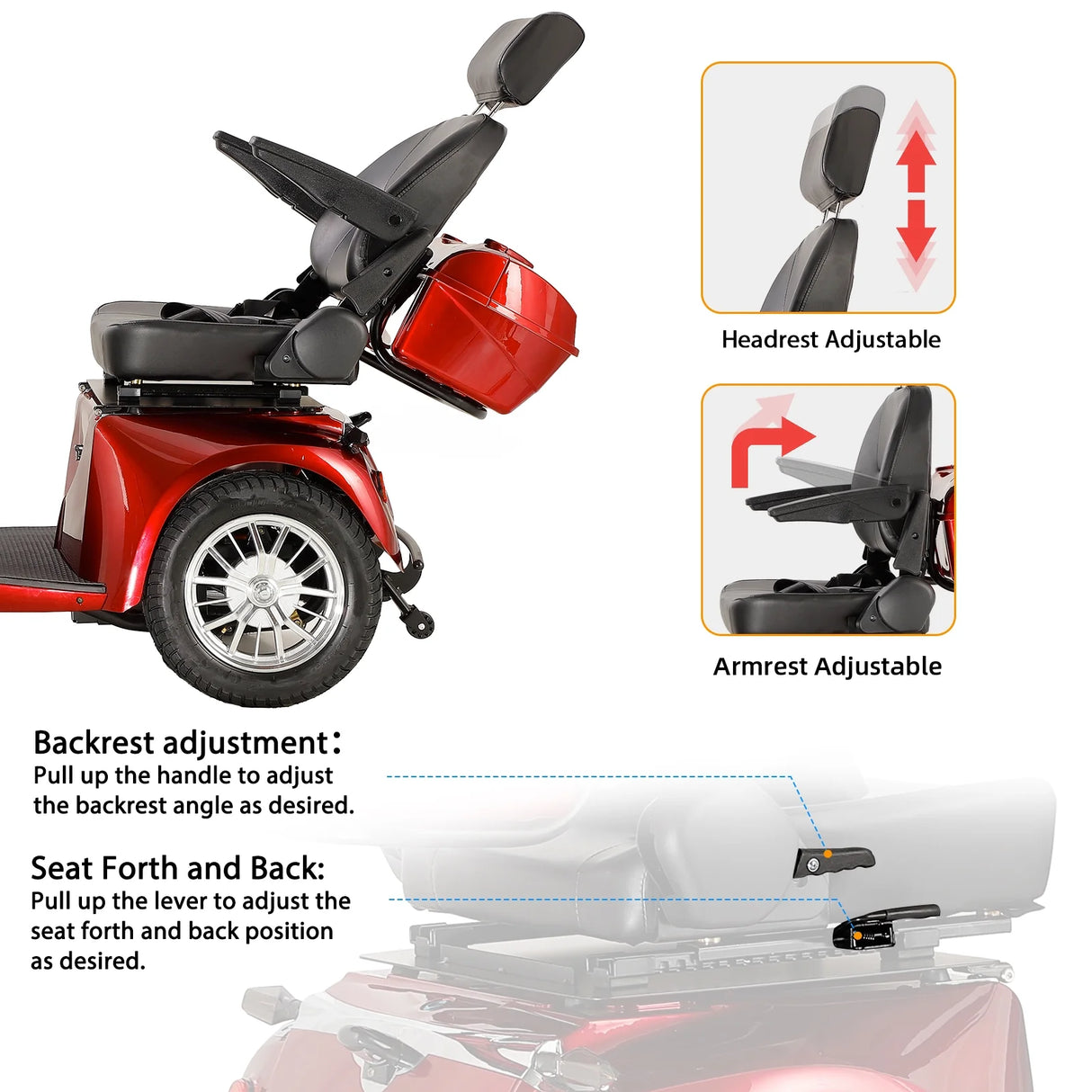 3 Wheels Mobility Scooter for Adults & Seniors,Adjustable Seat and Rear Basket.Heavy Duty Mobile Scooter All Terrain Electric Mobile Scooter Built-In USB Port for Charging (Red )