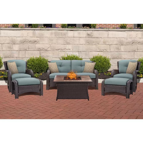 Strathmere 6-Piece Woven Patio Seating Set with Tile-Top Fire Pit and Ocean Blue Cushions