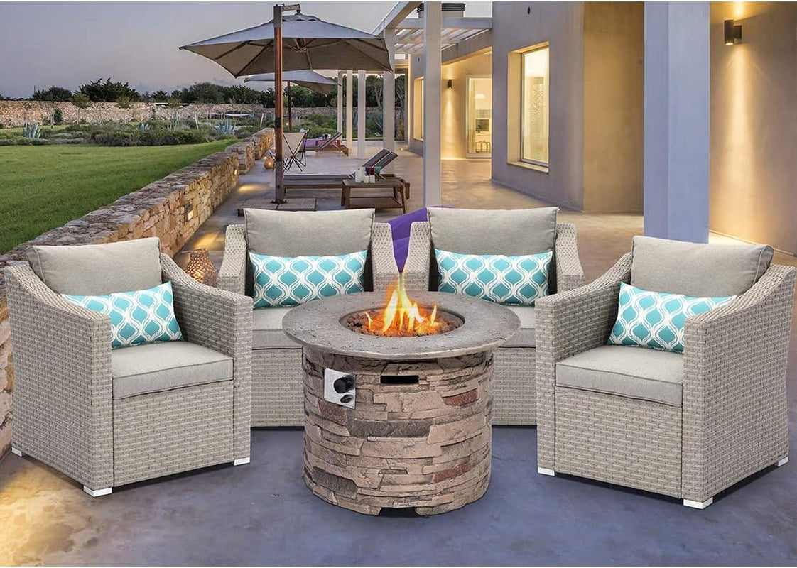 Outdoor 5-Piece Patio Conversation Set, PE Rattan Furniture Wicker Chairs Propane Fire Pit Table W Light Grey Cushion W 32-Inch 40,000 BTU Stone-Crest Fire Table Column, Waterproof Cover