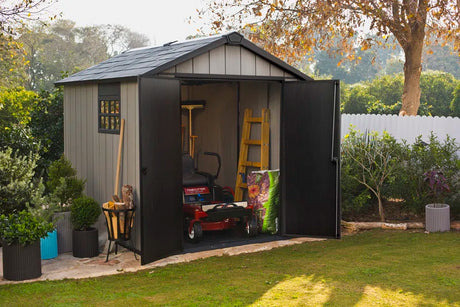 Keter Oakland 7.5X9 Ft. Resin Outdoor Storage Shed with Floor for Patio Furniture and Tools, Grey