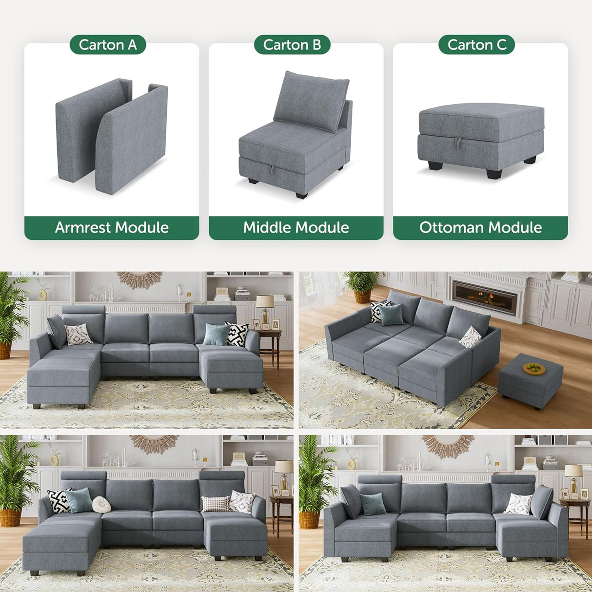 Modular Sectional Sofa U Shaped Modular Couch with Reversible Chaise Modular Sofa with Storage Seats, Bluish Grey