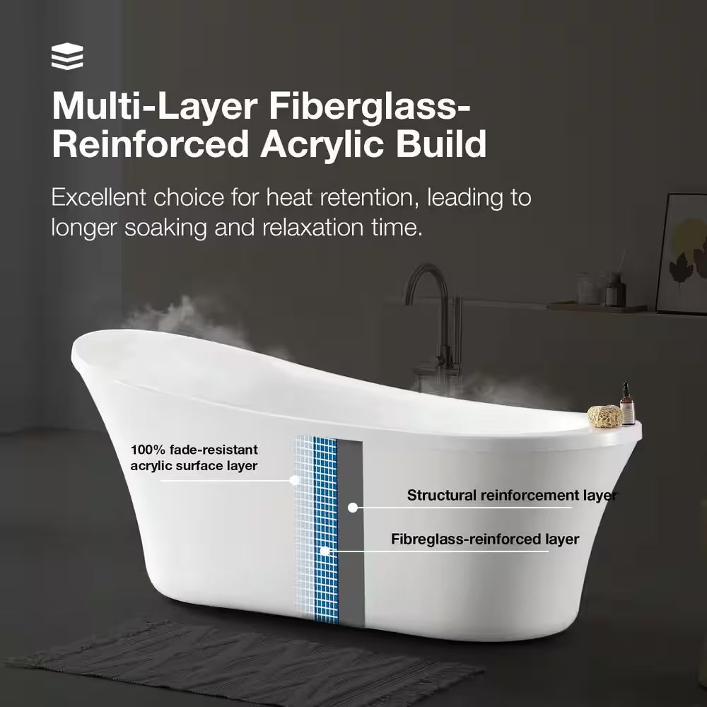Aiden 70 In. L X 34.25 In. W Acrylic Freestanding Soaking Bathtub in White with Overflow and Drain Included