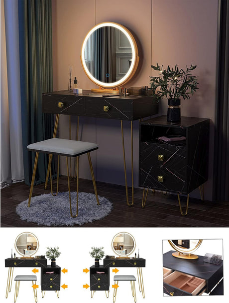 Makeup Vanity with Lights and Stool Dressing Table with Drawers Vanity Desk with Lighted Mirror and Chair Women Dresser for Bedroom (Black), Hg3706-List