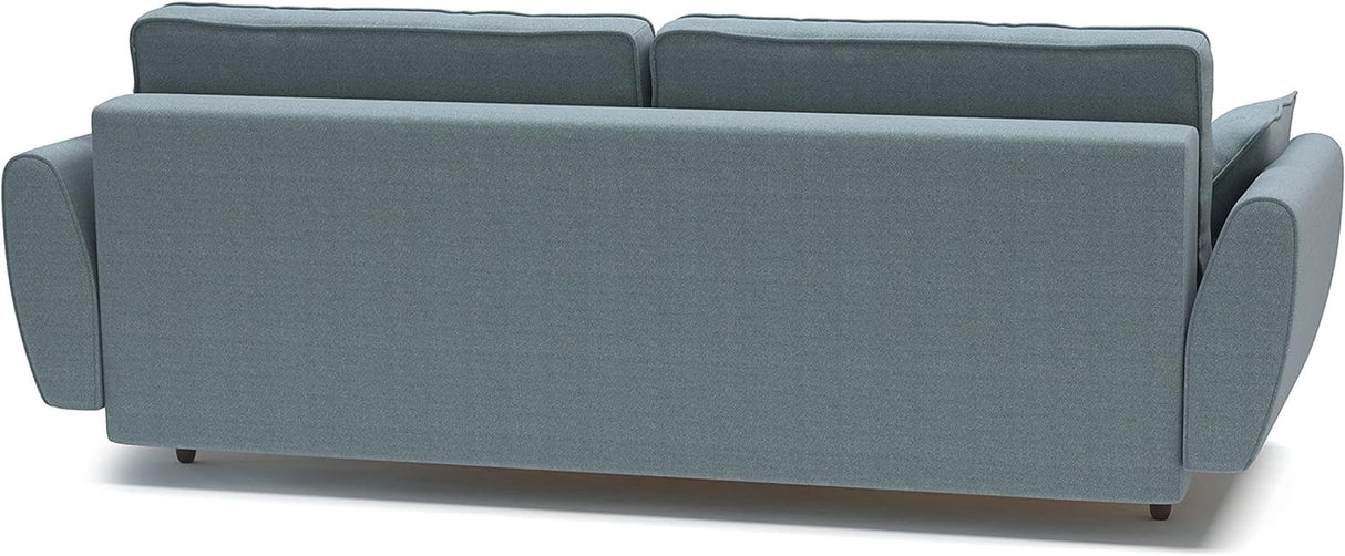 Modern Alisa Sleeper Sofa Bed - Storage Pull Out Couch, Revolution Performance Fabrics, Pine Wood, Birch Legs, Sleek Unique Arms, Made in Europe, Queen Size - Aquamarine