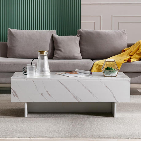 41" Marble White Cool Coffee Table for Living Room,Rectangular Glossy Smart Contemporary Center Table for Waiting Area,White