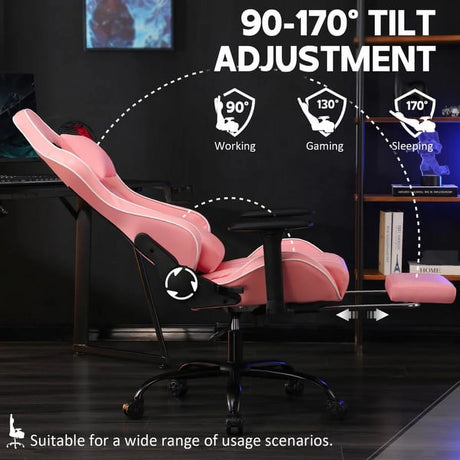 Ergonomic Gaming Chair with Footrest, Wide Computer Chair for Heavy People, Adjustable Height Office Desk Chair with Wheels, Breathable Leather Video Game Chairs