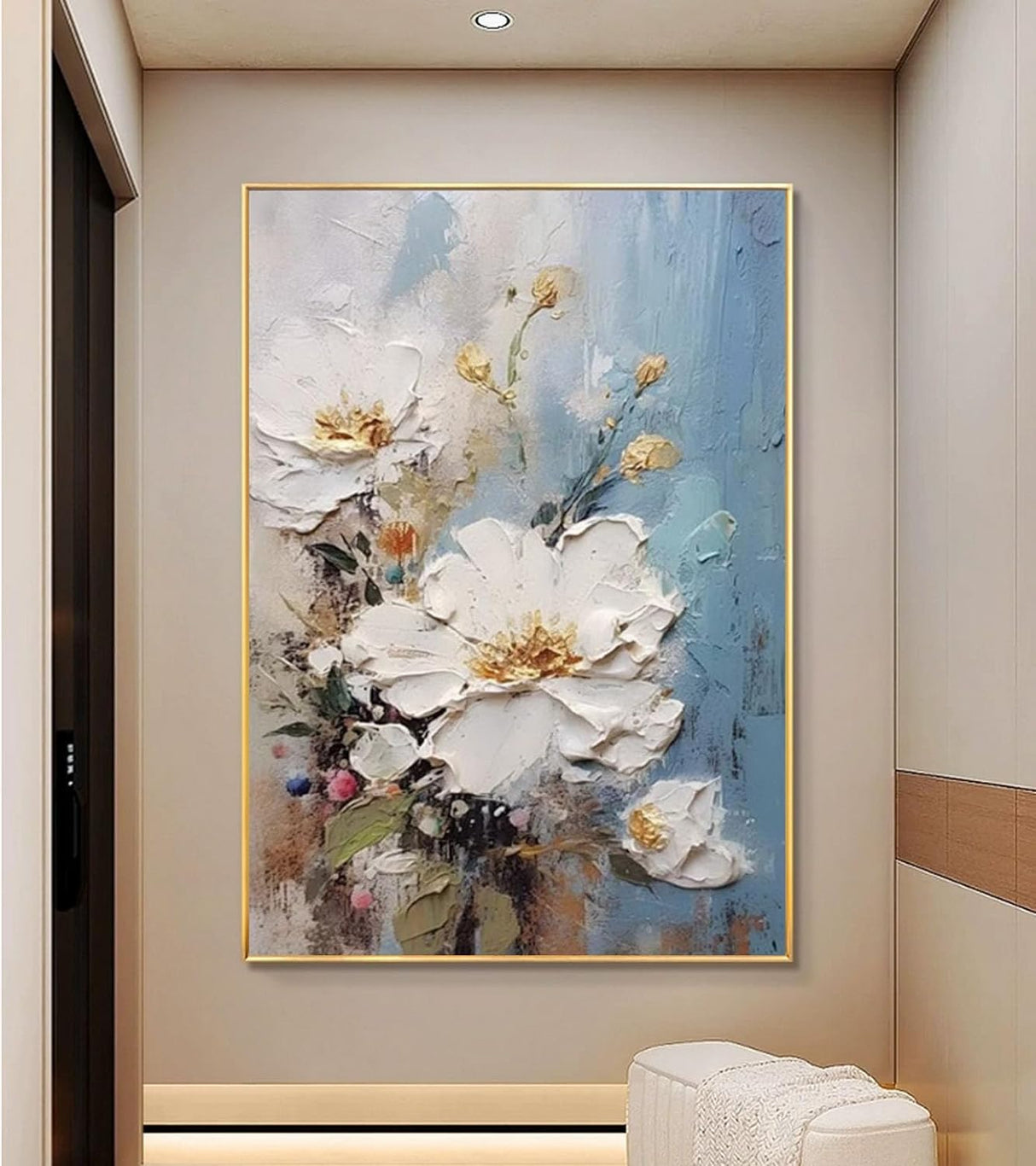 3D Textured Flower Framed Wall Art for Living Room,Hand-Painted White Floral Oil Painting on Canvas for Office,Large Canvas Pictures Modern Artwork for Bedroom Office Home Decor 28X40 Inches