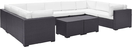 KO70112BR-WH Biscayne 7-Piece Outdoor Wicker Seating Set, Brown with White Cushions