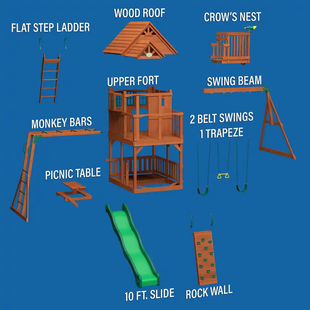 Skyfort II All Cedar Swing Set Playset with Monkey Bars, Upper Fort, Belt Swings, Trapeze, Rockwall, and Wave Slide