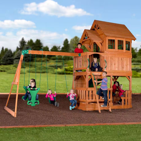 Liberty II All Cedar Swing Set Playset with Elevated Clubhouse and Deck, Rockwall, Glider, Wave Slide, and Picnic Area