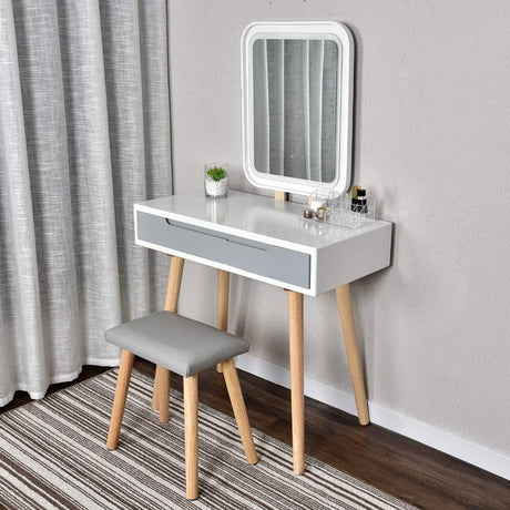 PULUOMIS Dressing Table Vanity Makeup Table with Free Make-Up Organizer Makeup Vanity with Adjustable Brightness Mirror and Cushioned Stool
