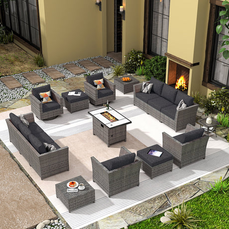 HOOOWOOO 16 Pieces Outdoor Furniture All-Weather Patio Conversation Set Wicker Sectional Sofa with Gas Fire Pit Swivel Rocking Chair,Black Cushion
