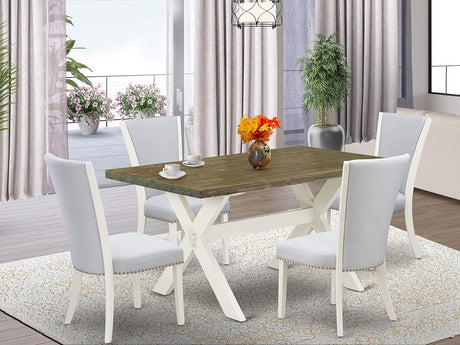 X-Style 5 Piece Room Set Includes a Rectangle Dining Table with X-Legs and 4 Grey Linen Fabric Upholstered Parson Chairs, 36X60 Inch