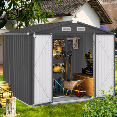 10' X 8' Outdoor Metal Storage Shed, Tools Storage Shed, Galvanized Steel Garden Shed with Lockable Doors, Outdoor Storage Shed for Backyard, Patio, Lawn, D7811