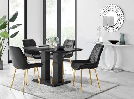 Eubanks High Gloss Double Pillar Dining Table Set with 4 Luxury Velvet Upholstered Dining Chairs