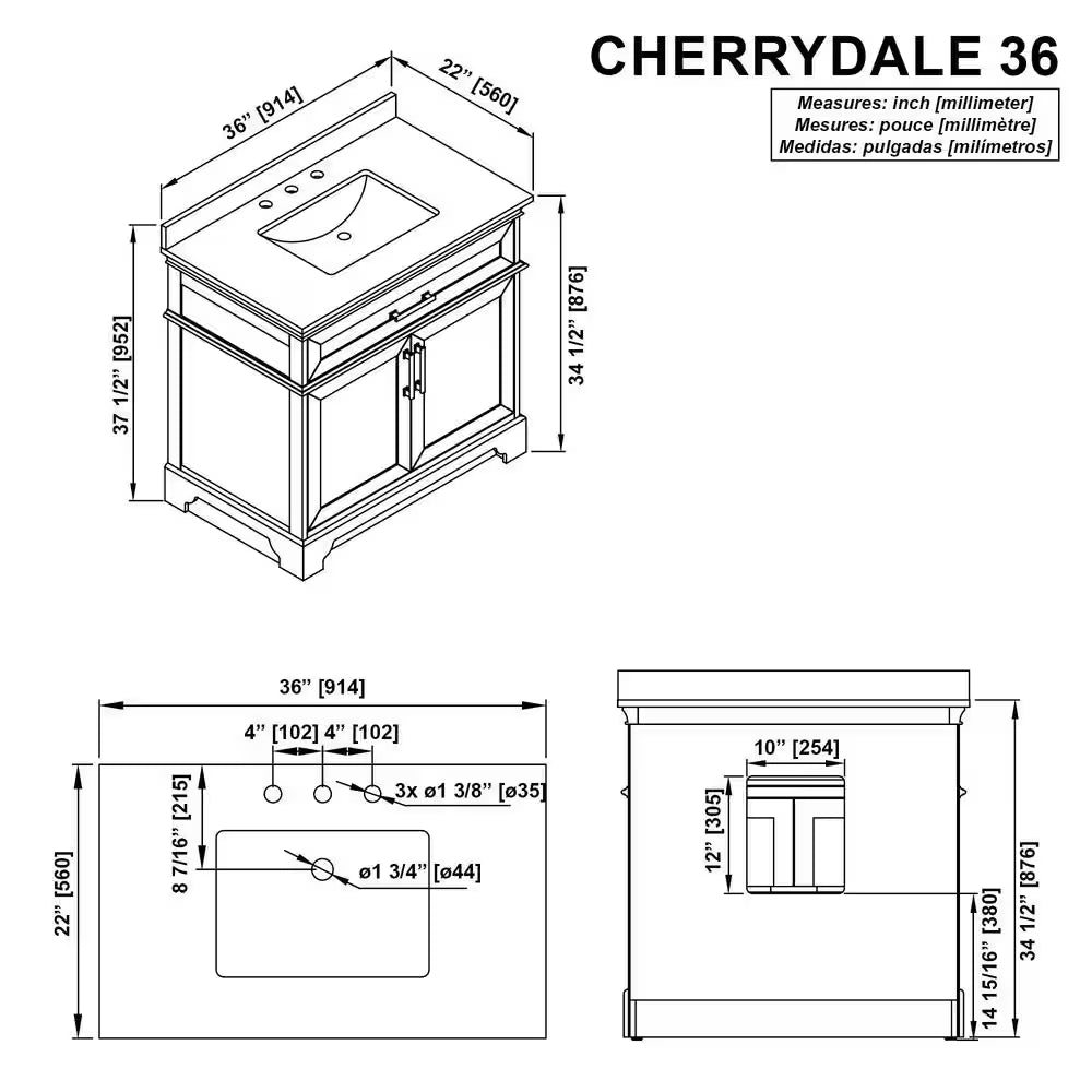 Cherrydale 36 In. W X 22 In. D X 34 In. H Single Sink Bath Vanity in White with White Engineered Marble Top