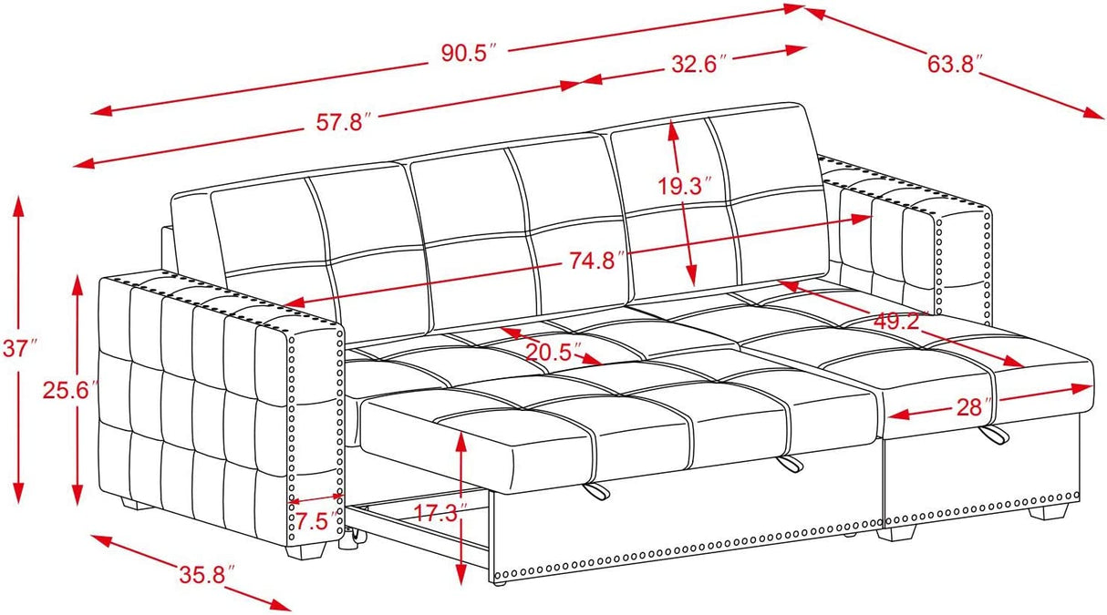 Sectional Sofa with Storage, Pull-Out Couch Sleeper, L-Shaped Corner Sofa Bed with Lounge Chaise, 3 Seater Furniture Set for Living Room (Gray)