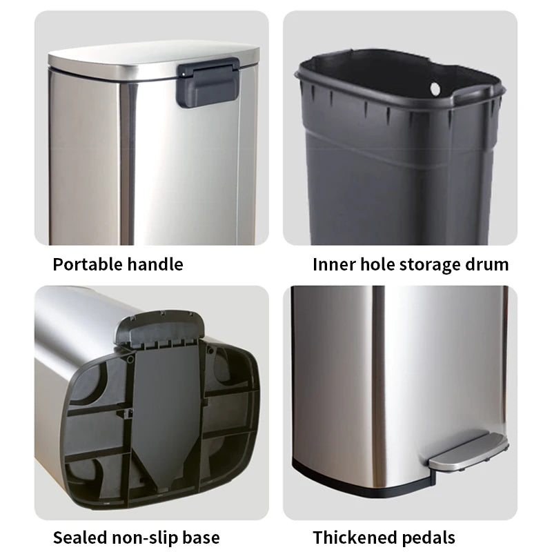 30L/50L Trash Bin,Stainless Steel Garbage Bin with Pedal,Trash Can with Flat Lid for Bedroom Storage Bins,Kitchen Trash Can