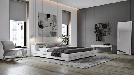 Hera Genuine White Leather Platform Bed with Adjustable Headrests - King