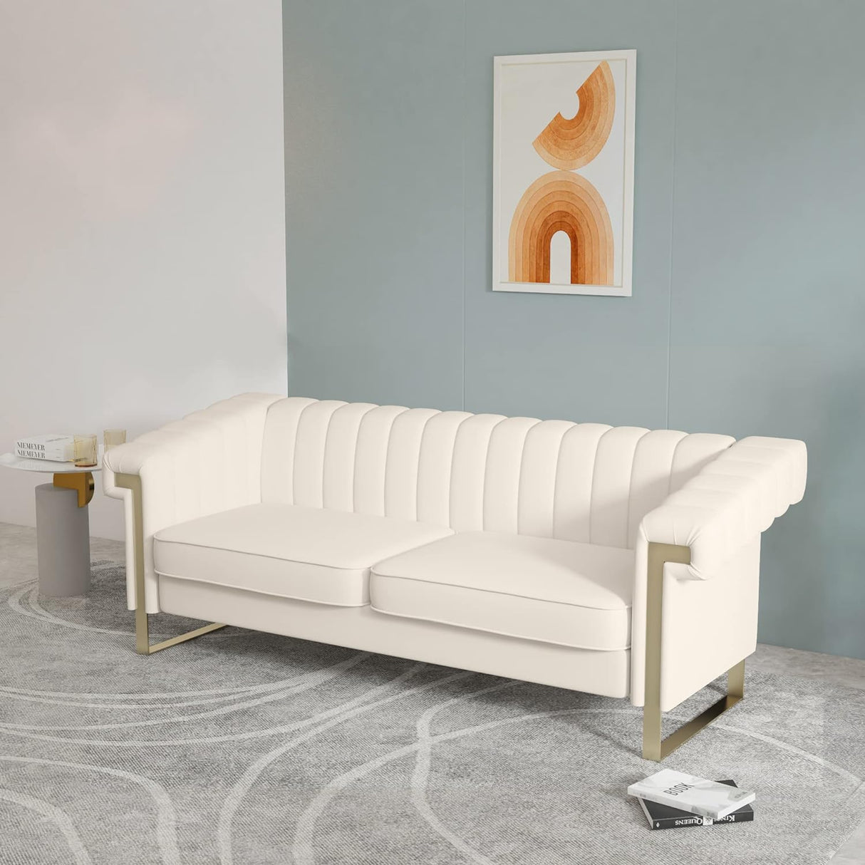 Modern Sofa,Collection Contemporary Velvet Upholstered Sofa Couch with Stainless Steel Base,83.86“ Lx 30.70“ Wx 30.51“ H(Beige)