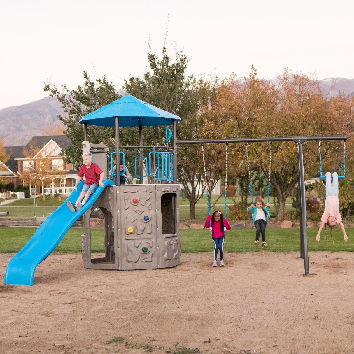 Lifetime Kid'S Adventure Tower Swing Set with Slide and Climbing Wall - Blue(91208)