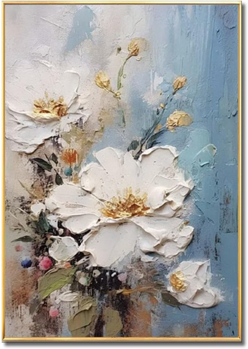 3D Textured Flower Framed Wall Art for Living Room,Hand-Painted White Floral Oil Painting on Canvas for Office,Large Canvas Pictures Modern Artwork for Bedroom Office Home Decor 28X40 Inches