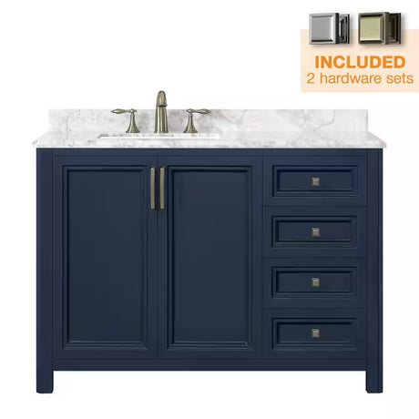 Sandon 48 In. W X 22 In. D X 34 In. H Single Sink Bath Vanity in Midnight Blue with Carrara Marble Top