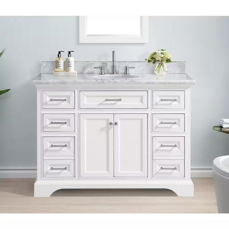 Windlowe 49 In. W X 22 In. D X 35 In. H Freestanding Bath Vanity in White with Carrara White Marble Top
