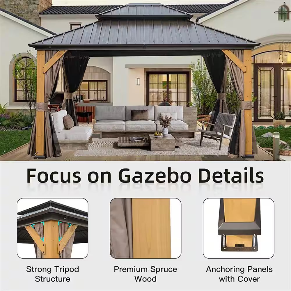 12 Ft. X 14 Ft. Outdoor Cedar Wood Frame Patio Gazebo Canopy with Galvanized Steel Hardtop Pavilion Curtain and Netting