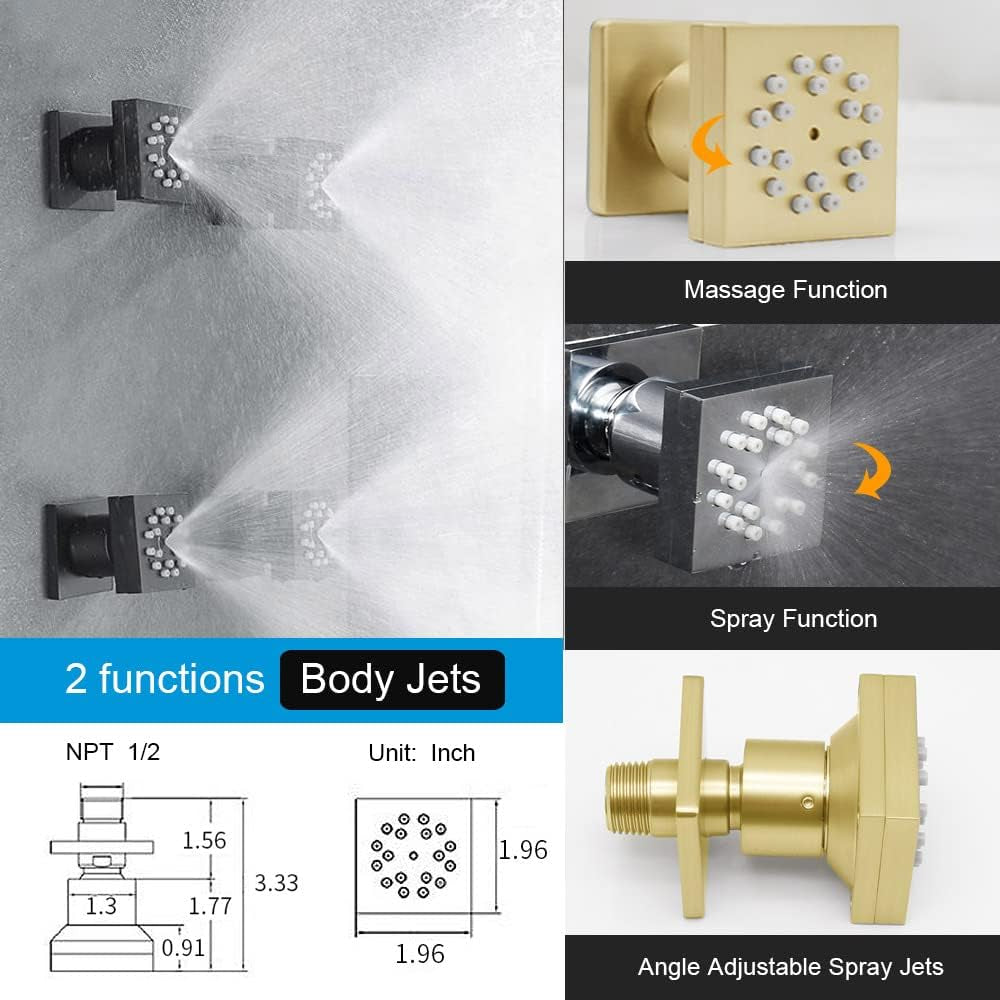 Brushed Gold Shower System - 12" LED Square Ceiling Rain Head with High Pressure Handheld and Full Body Spray Jets