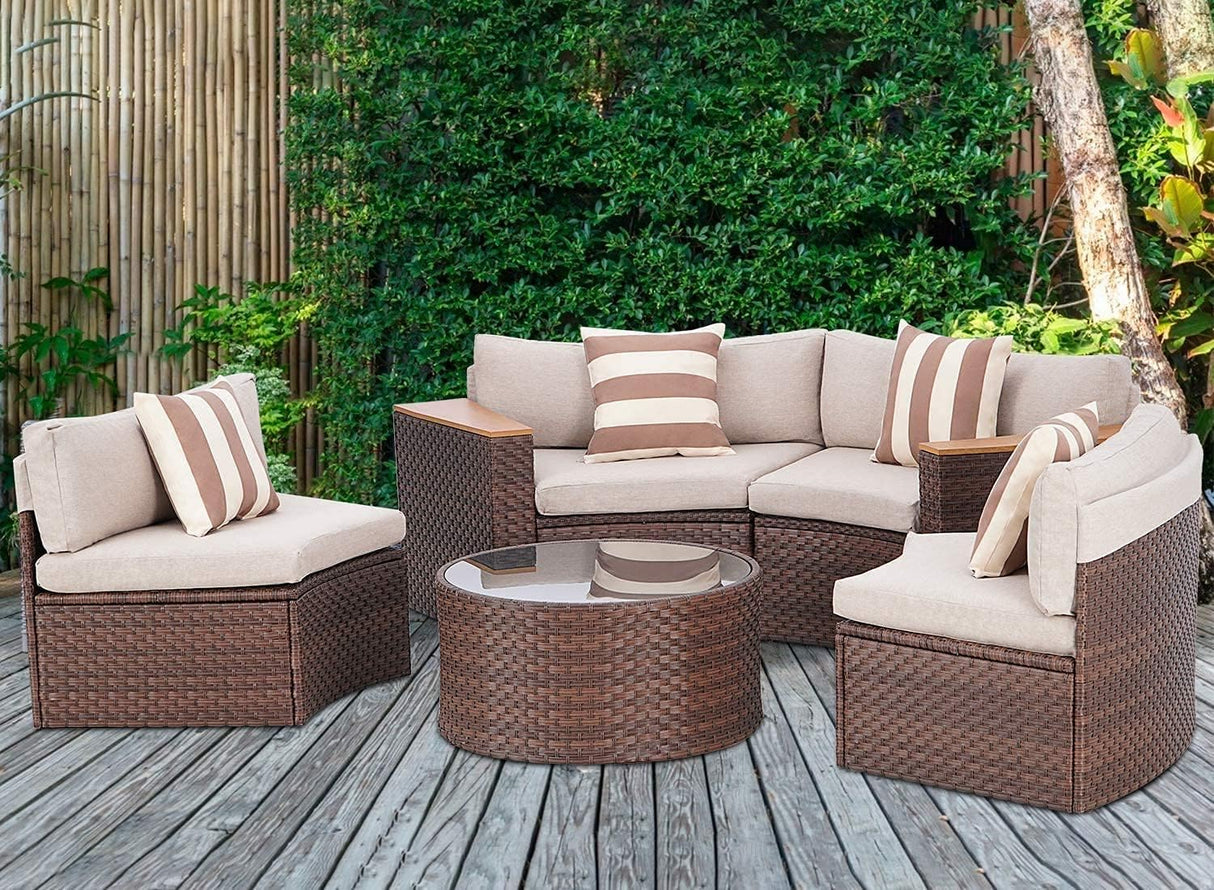 5-Piece Outdoor Sectional Sofa Half-Moon Patio Conversation Set All Weather Brown Wicker Sectional Couch with round Tempered Glass Table and Beige Cushions