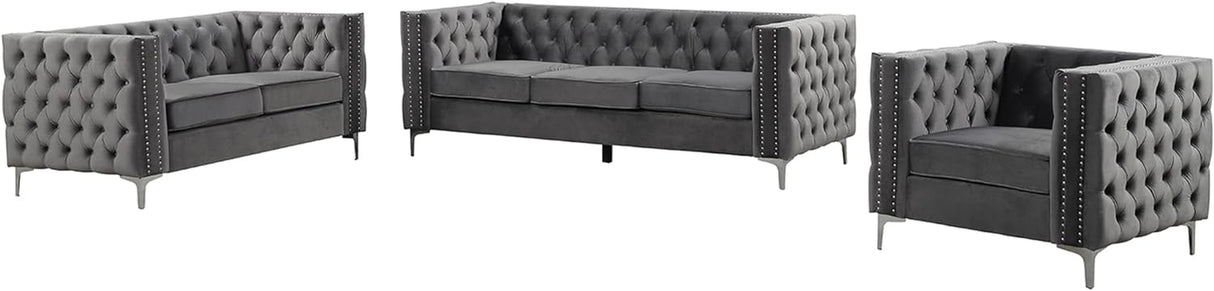 Velvet Couches for Living Room, 3 Pieces Grey Chesterfield Sofa with Button Tufted & Nailhead Trim, Classic Upholstered Chair Loveseat and Sofa