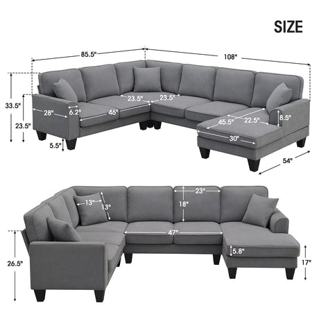 Churanty Convertible Modular Sectional Sofa with Chaise and Recliner,U Shaped Couch 7 Seat Fabric Sleeper Sofa for Living Room,Dark Gray